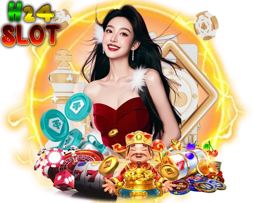 H24SLOT หญิงสาวชุดแดงพร้อมไอคอนสล็อตและเหรียญทอง เอฟเฟกต์พลังสีทองด้านหลัง